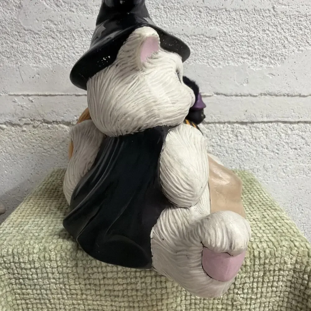 Vtg Signed Ceramic Cat Pumpkin Decor w/ Witch Hat Spider Bat Hand Painted